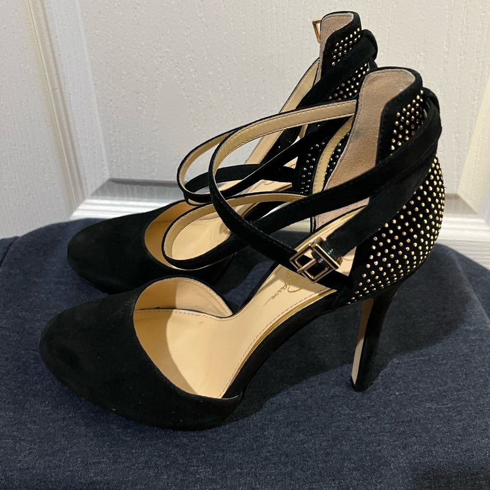 Jessica Simpson Suede Black & Gold Round Toe Heels Pumps 8.5